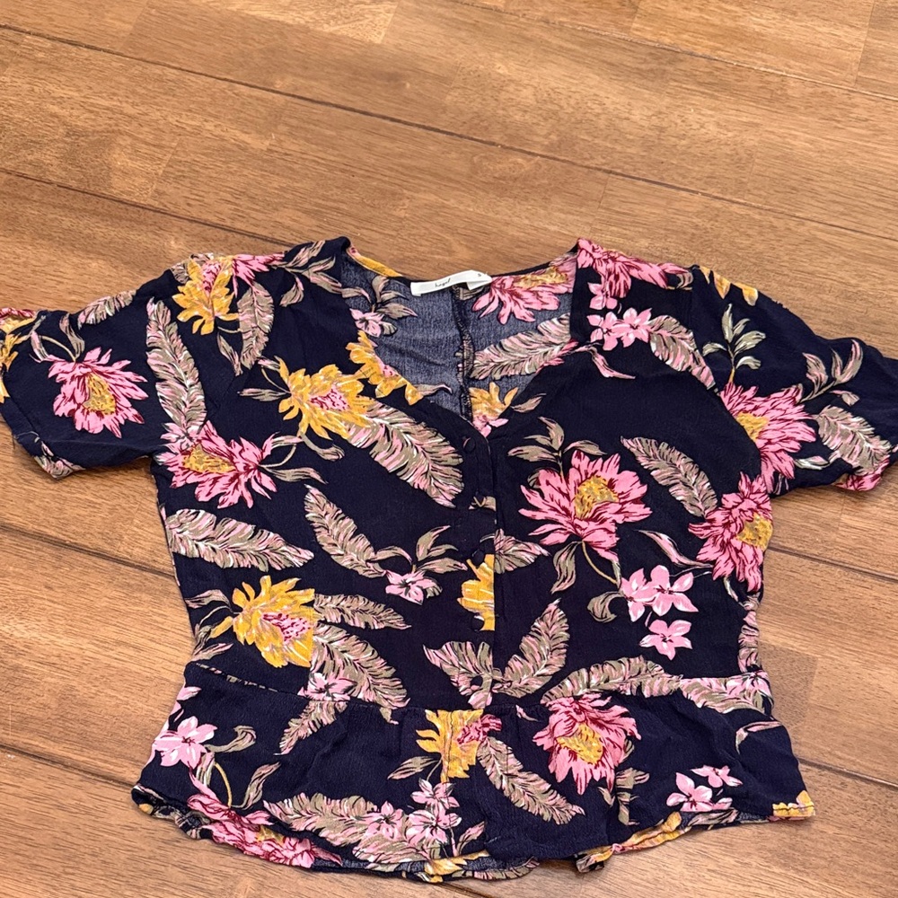 Hazel Cropped Navy Floral Blouse with Pink and Yellow Accents